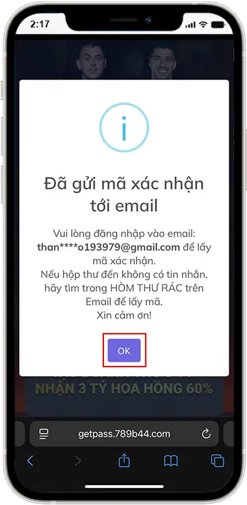 Bước 3: Vào Email lấy mã 6 số